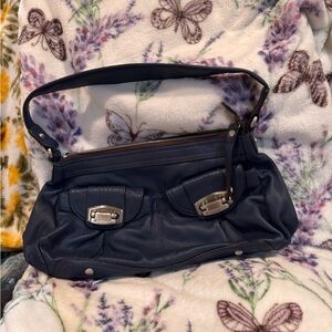 b. makowsky Navy Leather Shoulder Bag with Silver Hardware